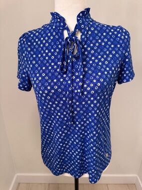 Adrienne Vittadini Royal Blue & White  Tie-Neck Short Sleeve Blouse Sz S